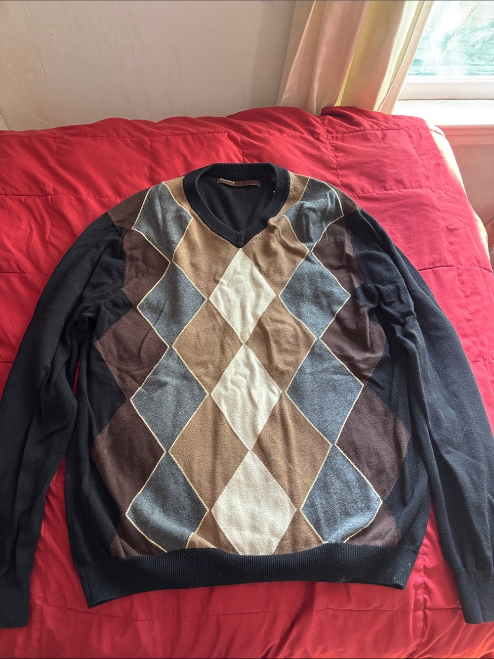 Perry Ellis Men's Argyle V-Neck Sweater in Black, Brown & Gray
